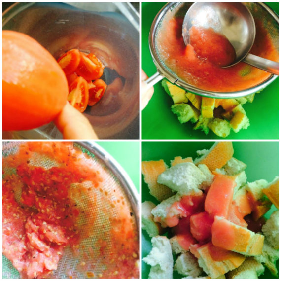preparación del tomate y el pan para el salmorejo